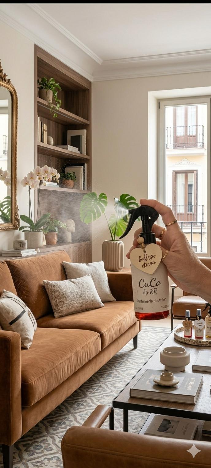 Spray CuCo by RR Bellesa Eterna perfumando un salón con sofá de terciopelo caramelo