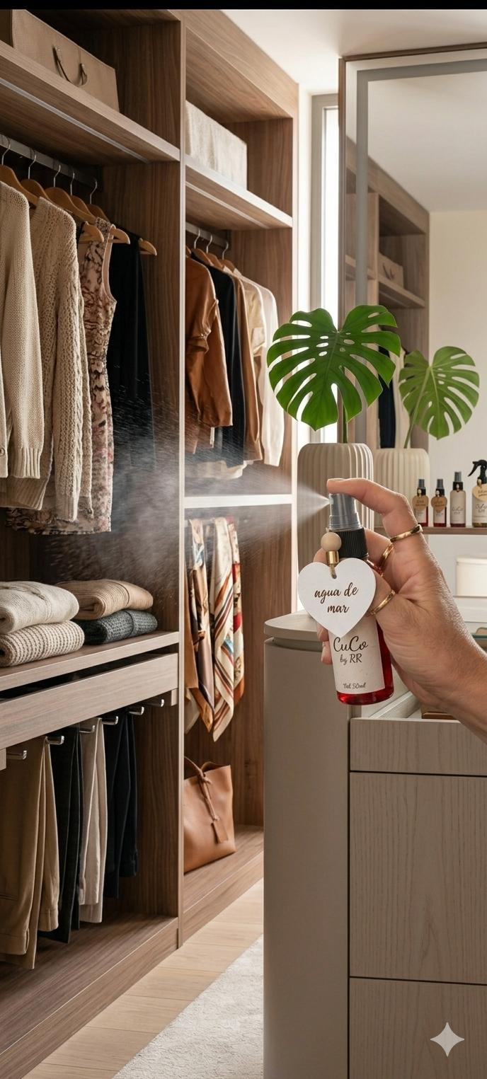 Spray CuCo by RR Agua de Mar perfumando un vestidor de madera clara