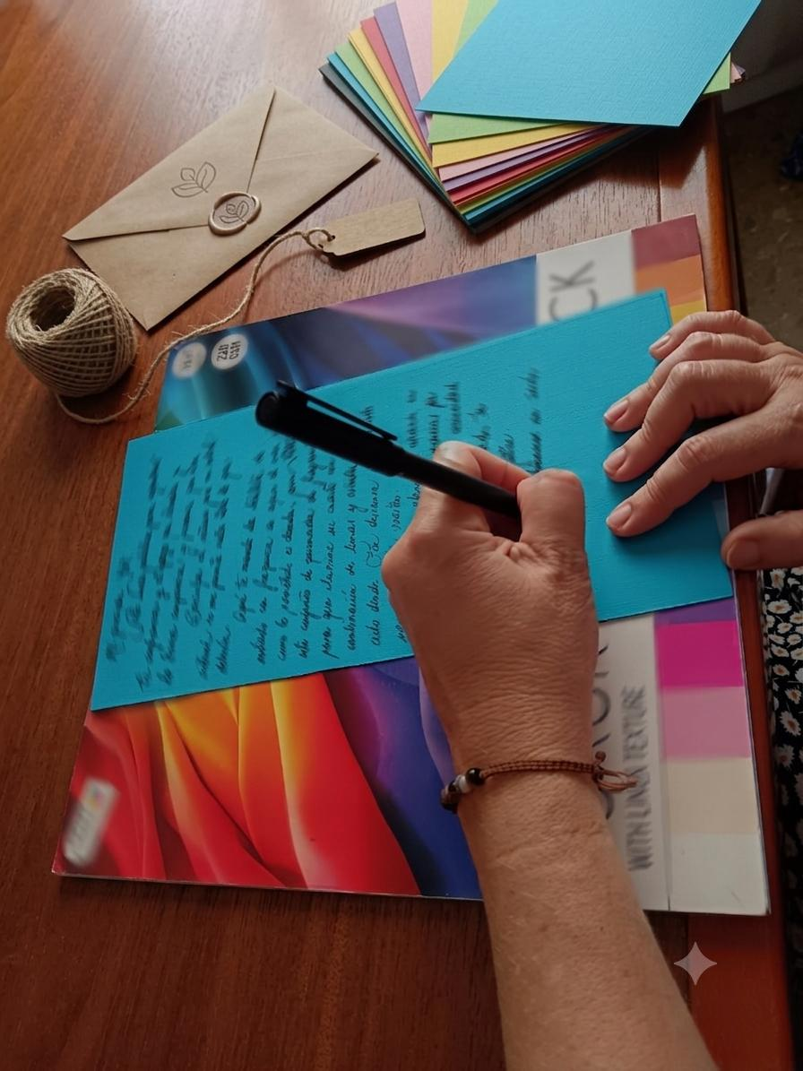 Carta personalizada CuCo by RR escrita a mano sobre papel de colores con sello de lacre