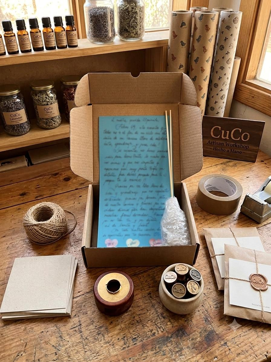 Caja abierta CuCo by RR con carta manuscrita azul entre paquetes envueltos a mano