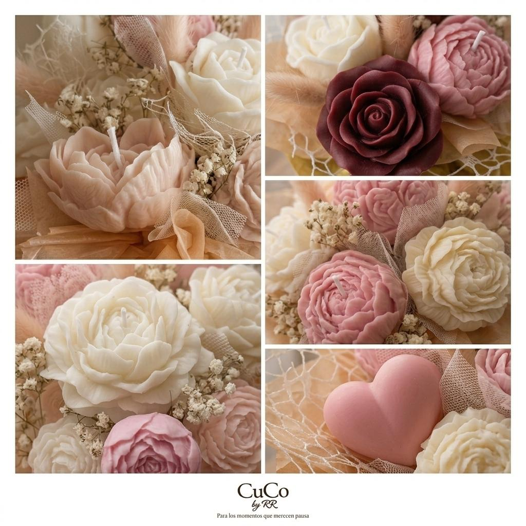 Collage de velas flor CuCo by RR — peonías, rosas y corazón rosa