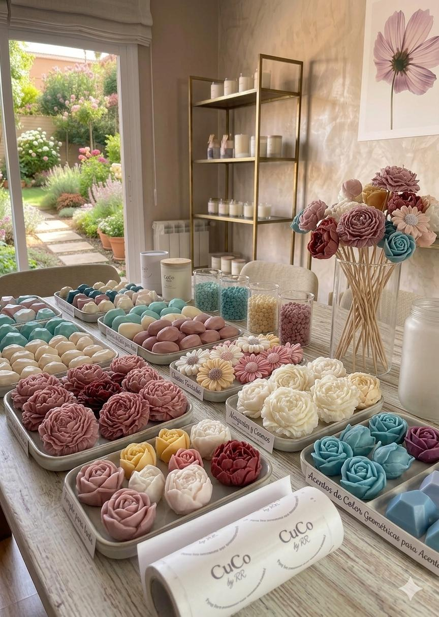 Mesa de atelier CuCo by RR con rosas, peonías y margaritas de cera