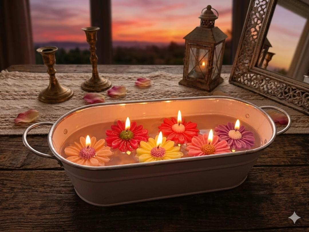 Velas flor flotantes CuCo by RR sobre bandeja con velas y farolillo al atardecer