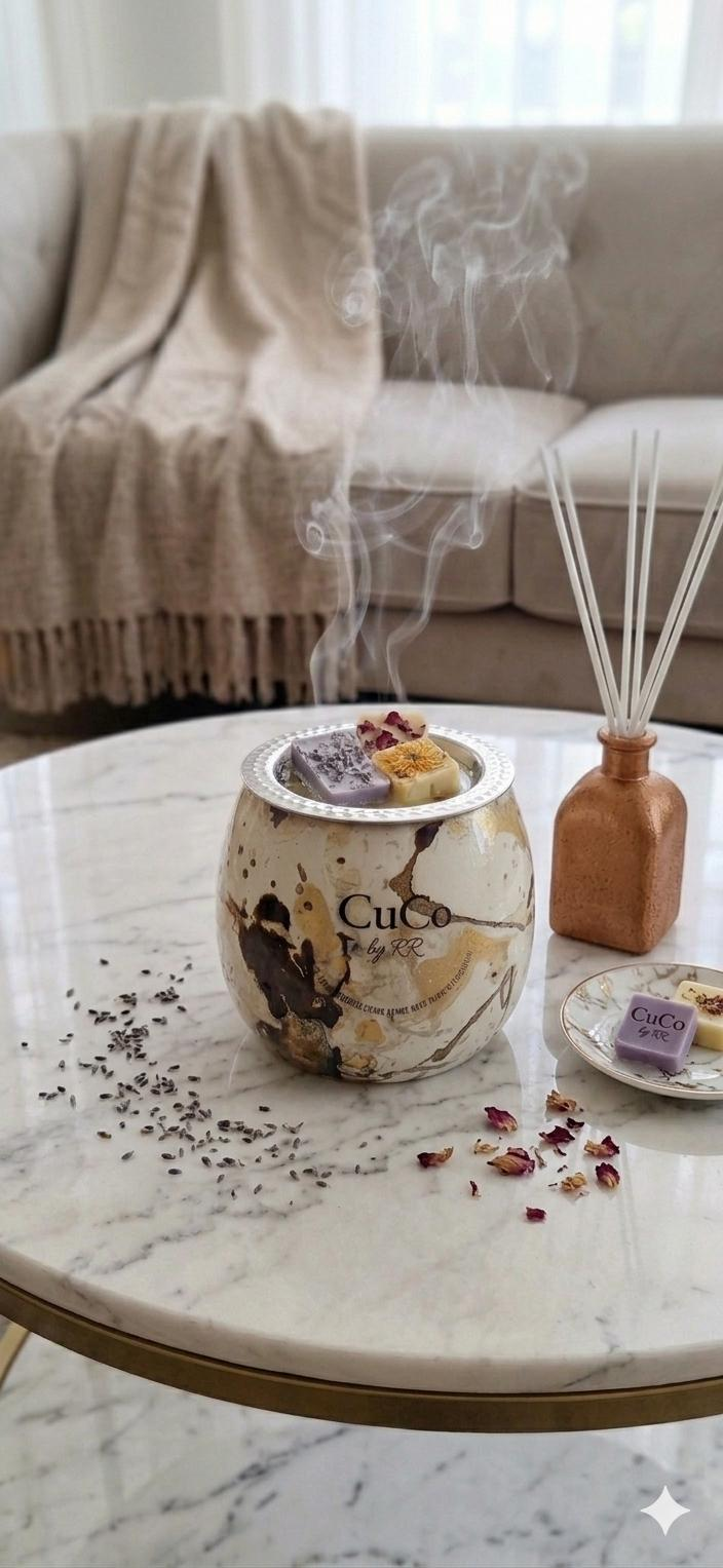 Quemador marmoleado CuCo by RR con waxmelts derretidos y humo aromático en mesa de mármol