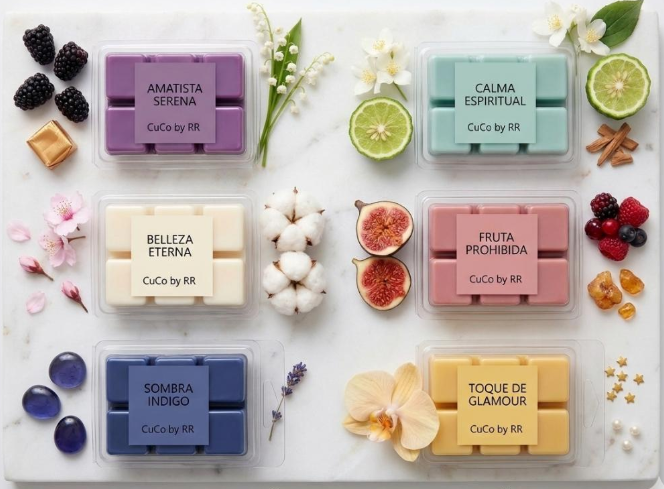 Colección de waxmelts CuCo by RR: Amatista Serena, Calma Espiritual, Belleza Eterna, Fruta Prohibida, Sombra Índigo y Toque de Glamour