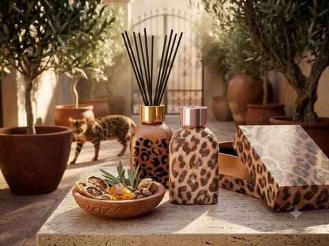 Wild Soul — set animal print con difusor, botella y caja entre olivos